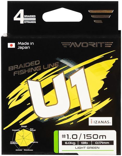 Шнур Favorite U1 PE 4x 150m (light green) #1.2/0.191mm 16lb/7.2kg 1693.11.58 фото