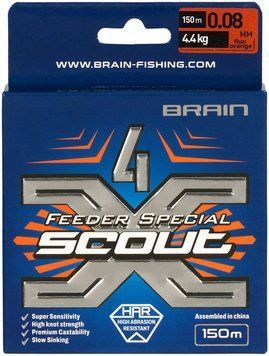 Шнур Brain Scout 4X 150m (fluoro Orange) 0.080mm 4.4kg 1858.55.33 фото