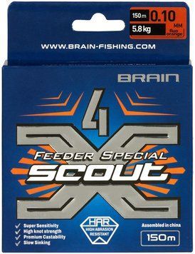 Шнур Brain Scout 4X 150m (fluoro Orange) 0.100mm 5.8kg 1858.55.34 фото
