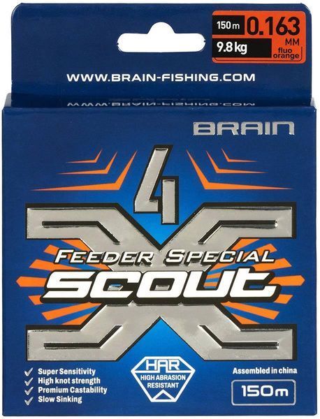 Шнур Brain Scout 4X 150m (fluoro Orange) 0.163mm 9.8kg 1858.55.37 фото